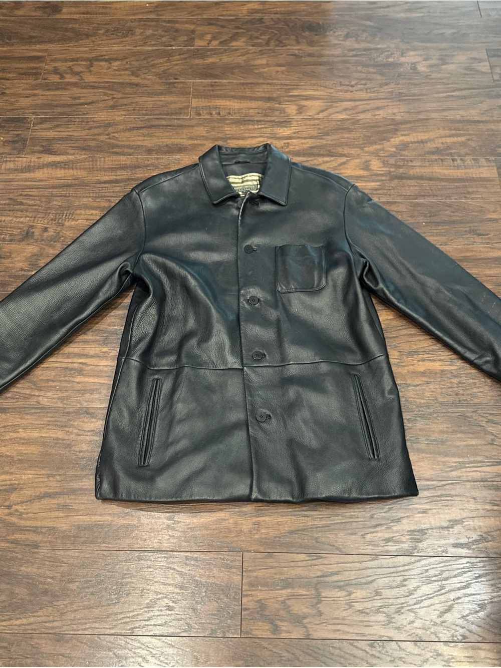 Men's Black Leather Button-Up Trench Coat